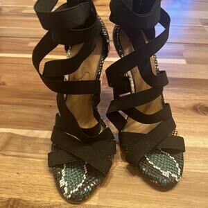 Jessica Simpson Jyra‎ 2 Sandal Blk Snake Elastic High Stiletto Heel Pumps 7 1/2